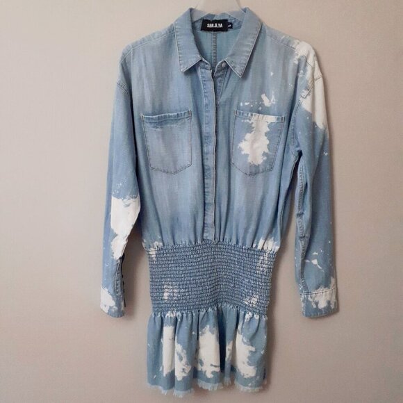 NWT SER.O.YA Monica bleached splashed denim mini dress with smocked waist, L - Picture 14 of 16
